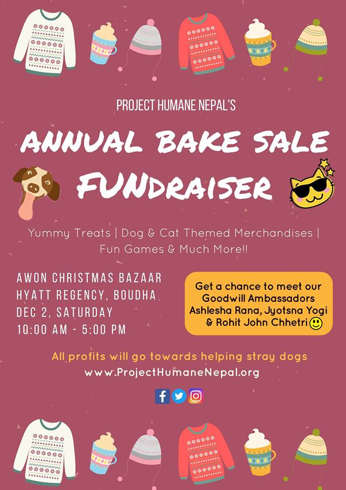 PHNepal's tweet photo. Saturday, Dec 2! Stop by our fundraiser booth at the Christmas Bazaar at Hyatt, Kathmandu, Nepal :)
@jyotsna_yogi @RJC_Official
Event details: https://t.co/gvf2iHX2np …
#ProjectHumaneNepal https://t.co/L3aNYJsM1t