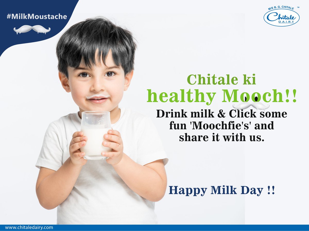 ChitaleBandhu's tweet photo. Celebrate Milk Day in style !
Grab a glass of Chitale Milk and send us some fun 'Moochfies' of you and your family !!
Happy National Milk day !! 
#milkday #nationalmilkday #happymilkday #milk #milklife #milkforlife #milkmatters #milkishealth #ChitaleGroup #ChitaleDairy https://t.co/3x10MLlV5A