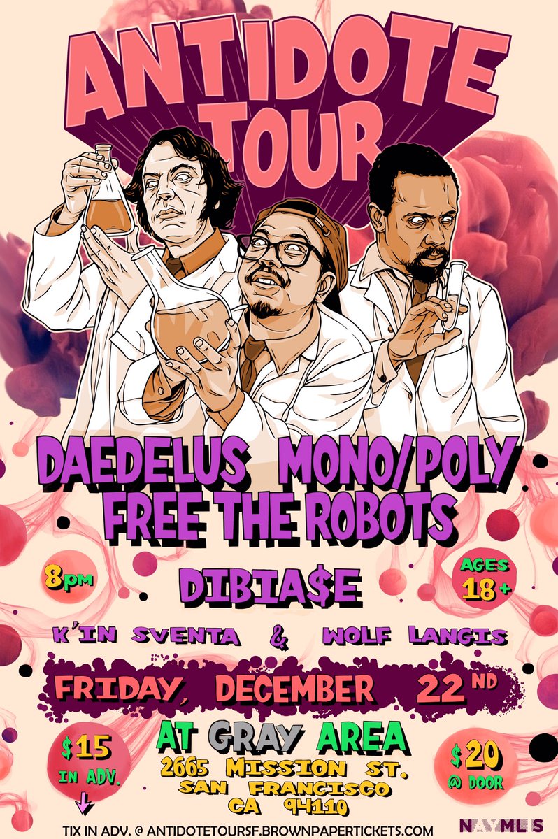 WolfLangis's tweet photo. Putting on this show with @Daedelus @MonoXPoly @freetherobots @darealdibiase And #kinsventa Friday 12/22 @GrayAreaorg its 18+ and the tickets are here: https://t.co/N12qFg3iV4 https://t.co/T9fFHH6mXO
