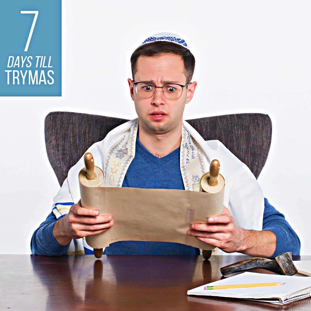 korndiddy's tweet photo. On the 7th day of Trymas, the Try Guys gave to me...🕎

A good Jewish boy who dropped out of Hebrew School.  Any guesses for what’s coming next week?#trymerch #Trymas https://t.co/zJFFJEkqhl