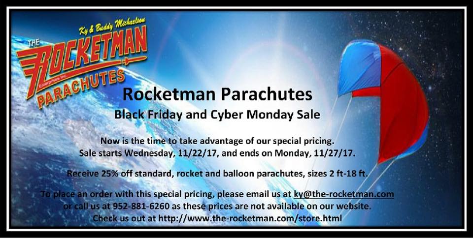 therocketmancom's tweet photo. @arhaballooning Rocketman is having a huge sale of 25% off balloon parachutes. Take advantage of this sale before it ends on Tuesday. Our website is https://t.co/rU2TCsRpeU https://t.co/qmlJHU8BSz