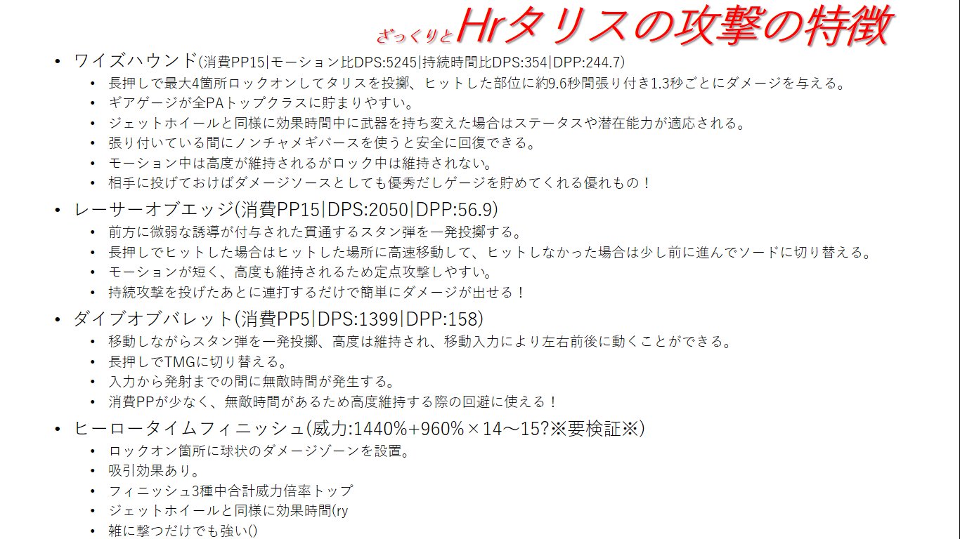 咎人 Ship7 9 On Twitter Hrタリスを使ってる人を全くと言っていいほど見かけないので あまり触ってない人にもどんな挙動か ソードや Tmgと違ったメリットがあるのかを分かるようにざっくりまとめてみました ぶっちゃけ挙動に関してはwikiの要約です 参考程度にdps