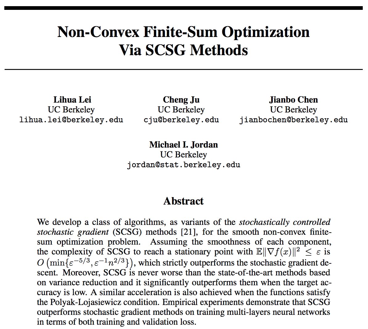 lihua_lei_stat's tweet photo. Here is our spotlight video https://t.co/ZI38fwNyRB on non-convex SCSG #nips2017, the first algorithm that is provably strictly better than SGD in all regimes,  with Cheng Ju, Jianbo Chen and Michael Jordan. Paper: https://t.co/Wbh7po7Ge0 https://t.co/7NrsqqvGSf