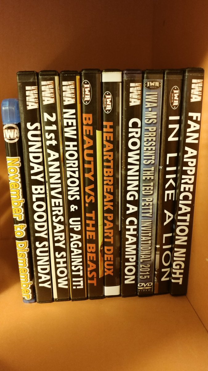 CubsIrishVikes's tweet photo. The boys @IWAMidSouth DVD collection is up to 10 after buying 2 more tonight(November to Dismember & Sunday Bloody Sunday). They also added to their massive Indie Wrestling T-Shirt collection with a couple @DevilSon_Rotten T's. #KingofMerchStyle https://t.co/4KjmzcqsC3