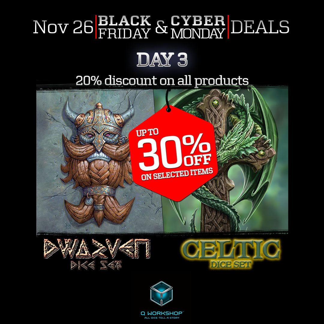 Unusualdice's tweet photo. Day 3 of our #BlackFriday discounts! Today, 20% on all the products - and 30% for all #dwarven and #celtic dice sets!
Check it out here: https://t.co/di6n2YQFfS
#BlackFriday2017 #BF2017 #alldicetellastory https://t.co/Yz77icHHzz