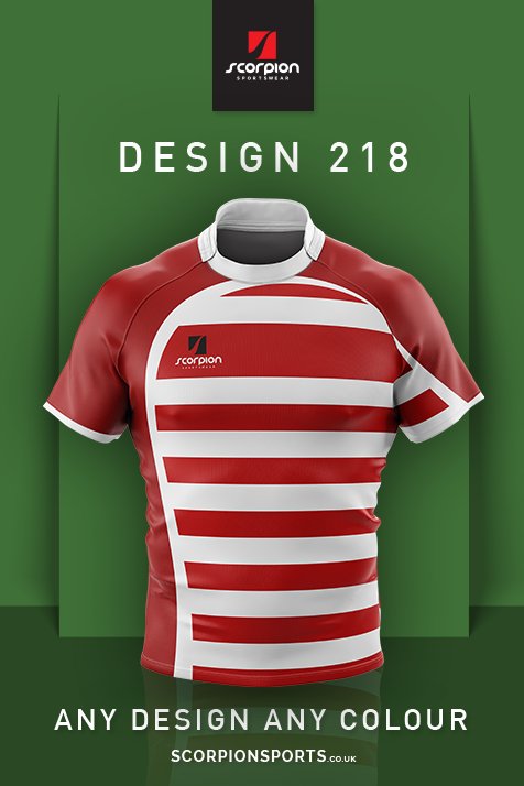 Rugby shirts any design/colour including club badge, sponsors logos and numbers. Lead time 2-3 weeks. scorpionsports.co.uk