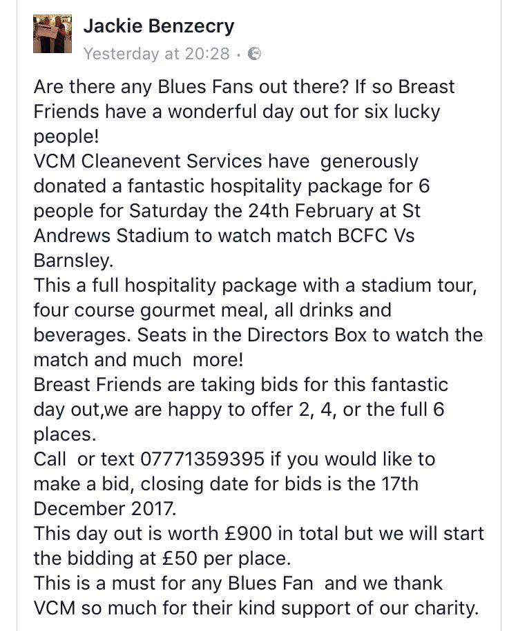 BreastFriendsSC's tweet photo. Any Blues supporters out there? Please support our charity auction. Please re-tweet. Ideal Christmas pressie! 🎄🎁@BCFC https://t.co/PnB5O1E6hy