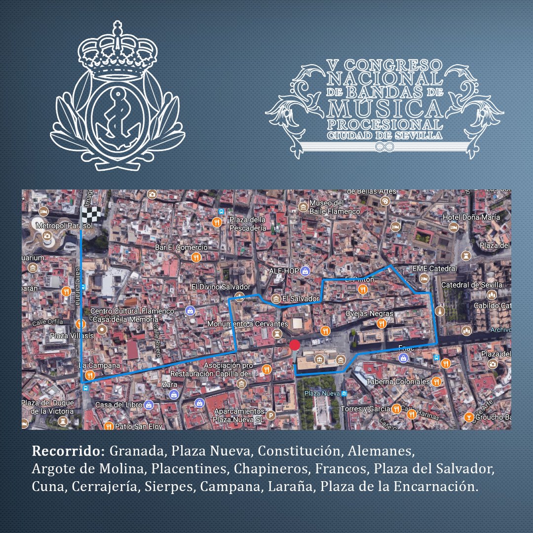 ☀️¡Buenos días!

👩🏻‍✈️Hoy participamos en el desfile del "V Congreso Nacional de Bandas de Música Procesional Ciudad de Sevilla" #VCongresoBandas

⚓#ToquesdeTriana
📍#Recorrido 👇