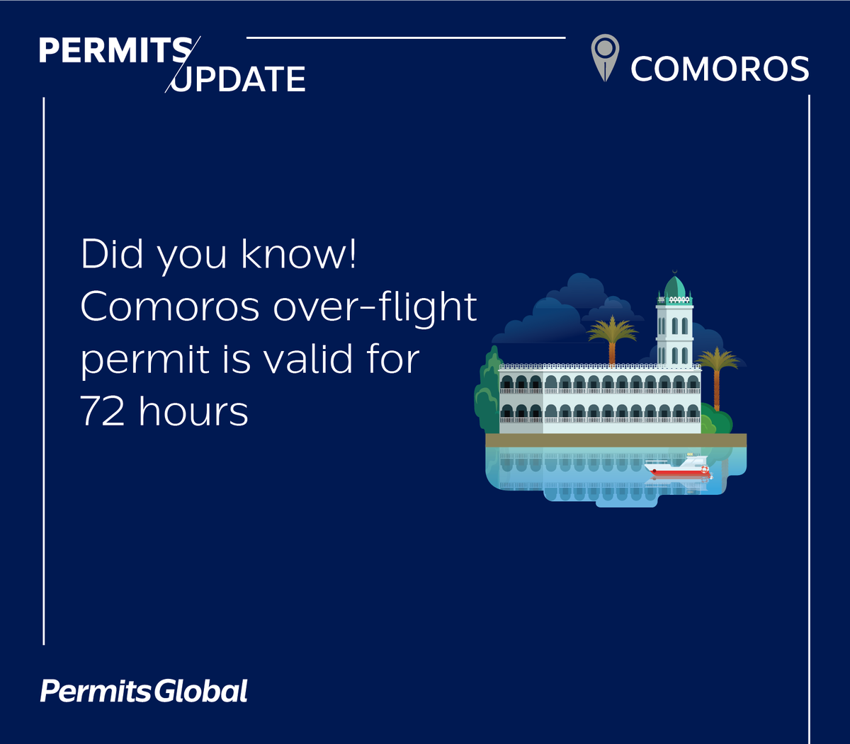 PermitsGlobal's tweet photo. Did you know!

#PermitsUpdate #PermitsGlobal #Comoros #FlightPermission #OverflightPermit #LandingPermit #Aviation https://t.co/CJf1ssowOY