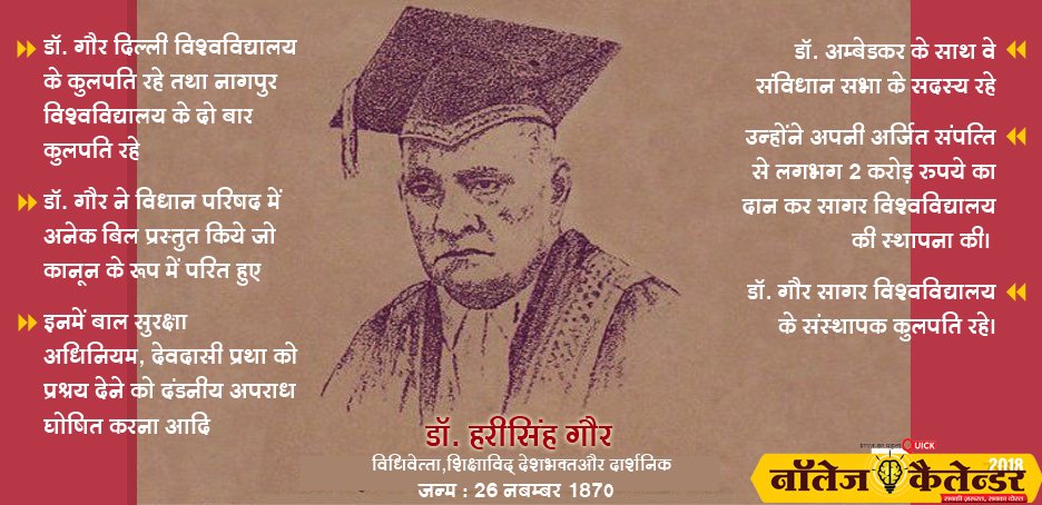infoeducomu's tweet image. #Quickcommunication remmebring #Harisinghgaur #Lawer #Socialreformer #Educationist #Philosopher and #poet #knowledgecalendar