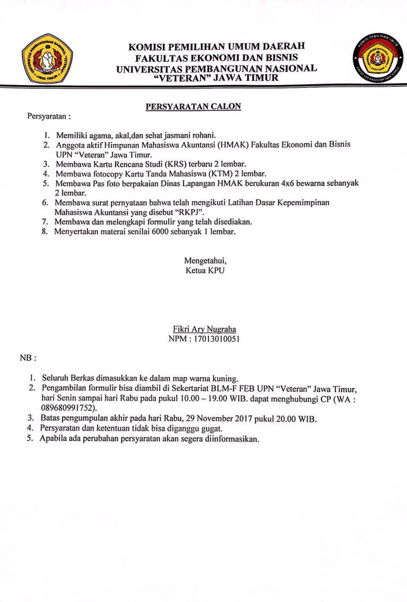 Akan dibuka "Pendaftaran Calon Ketua Umum HMAK UPNVJT". Persyaratan lihat pada gambar🙂 #KabinetTelolet #HMAKSolid