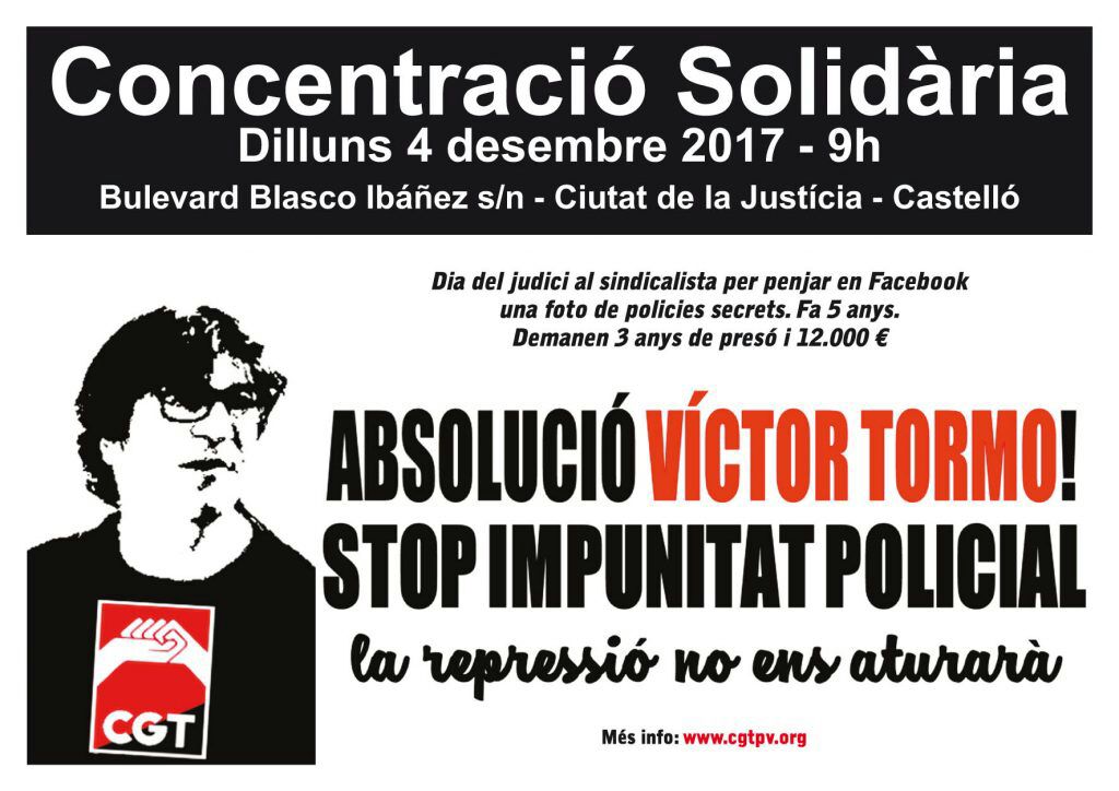 CGTBarcelona's tweet photo. Li demanen 3 anys de presó i 12.000 € per penjar una foto de policies secrets a Facebook

@VictorTormoR el 4D estarem amb tu  
#Solidaritat  i #suportmutu  

Si ens toquen a una, ens toquen a totes !!! https://t.co/7pHBISg1dA
