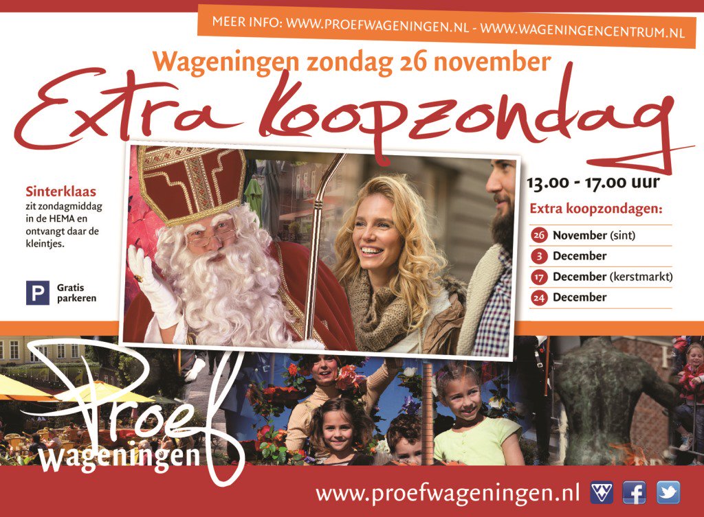 Vandaag #koopzondag in #Wageningen. Kom gezellig Sint-aankopen doen, de Goedheiligman zit zelf de hele middag bij de HEMA.