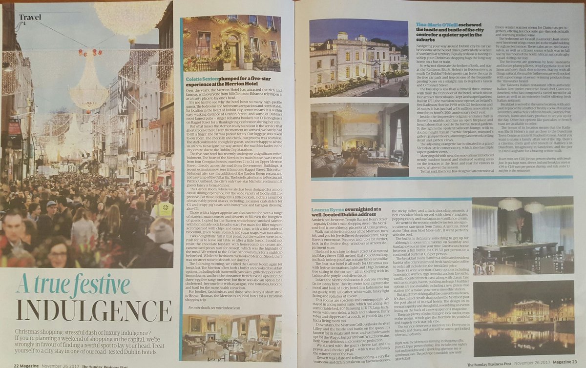 FranksBx's tweet photo. It's a festive indulgence in today's @sundaybusiness as @tinamarieon reviews @RadissonStHelen perfectly located in a hub of luxury when shopping this #christmas 🎅 https://t.co/BnJYyZy2TF