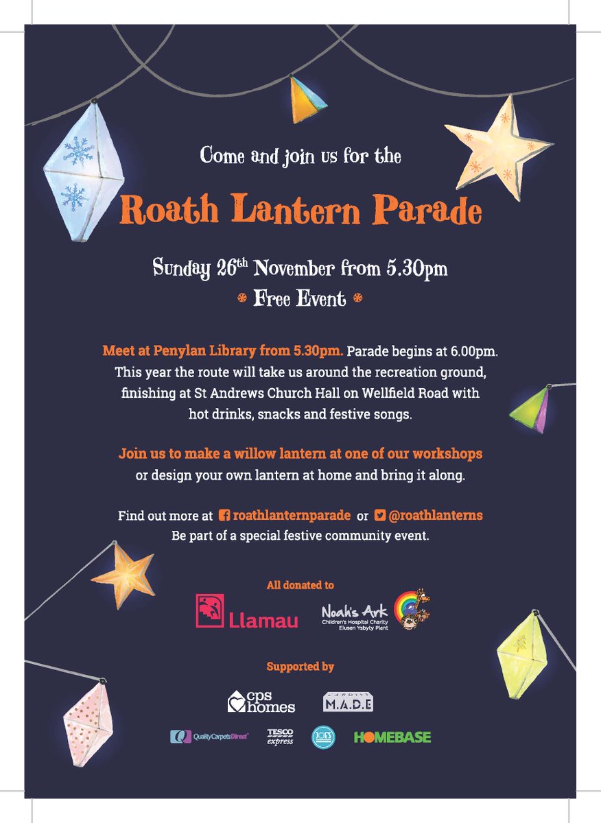 roathlanterns's tweet photo. It's Roath Lantern Parade today! Meet at Penylan Library and Community Centre from 5.30pm. Parade with your lanterns at 6.00pm around the Rec. Back to St Andrew's Church Hall for refreshments &amp; songs til 7.30pm. See you there! #Roath #Penylan #Cardiff https://t.co/NO4QsDG3bz