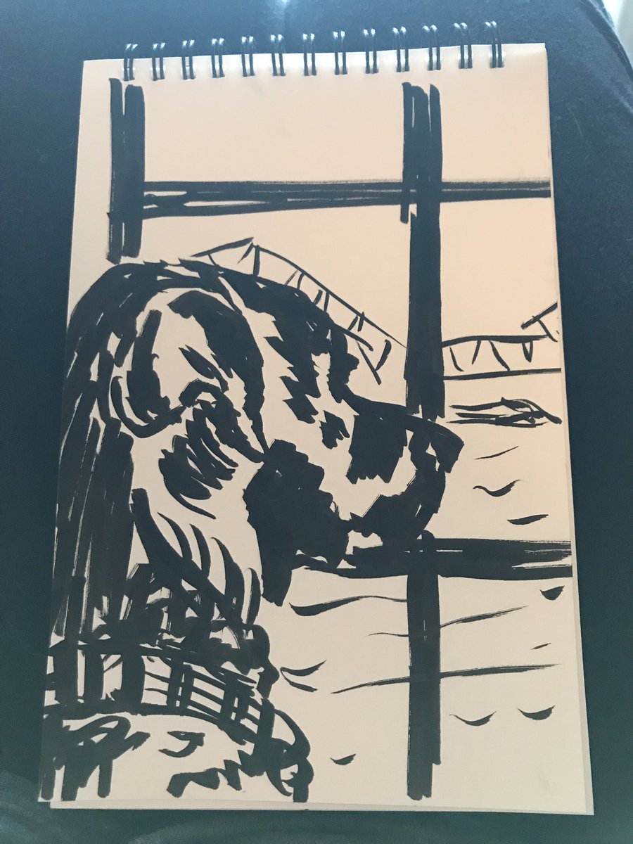 Quick marker pen sketch of Master Hamish MacTavish looking out to <a href="/Forth_R_Bridge/">Forth Bridge</a> <a href="/ScotRail/">ScotRail</a> <a href="/RNLIQueensferry/">Queensferry RNLI Lifeboat</a> (too cold for a doggy paddle?)