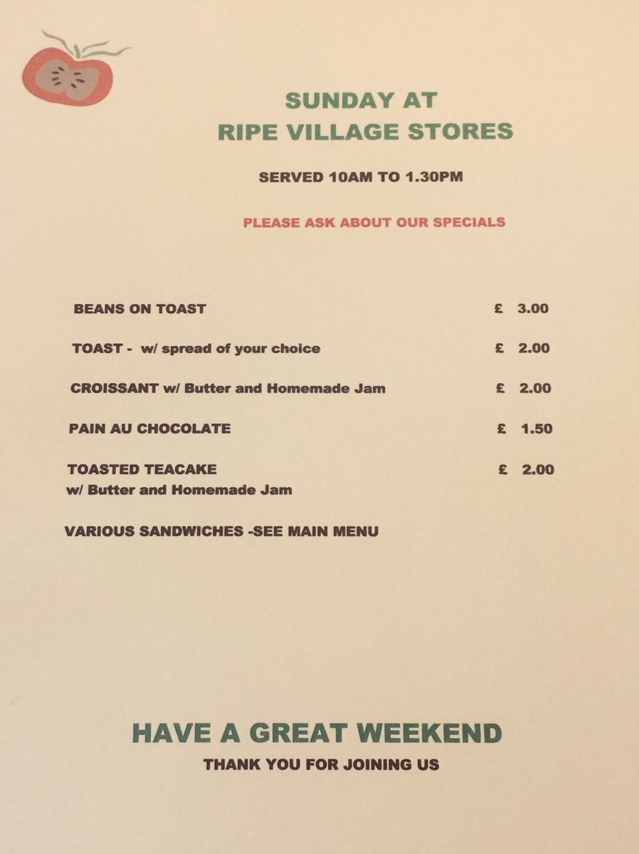 ripestores's tweet photo. Pop in and enjoy our new Sunday menu.  We are open until 2pm today for all your shopping needs!  Enjoy a coffee or perhaps a glass of Prosecco! #ShopLocal #CycleClubsWelcome #Ripe #Sunday #Homemade https://t.co/kUQ6psnIQT