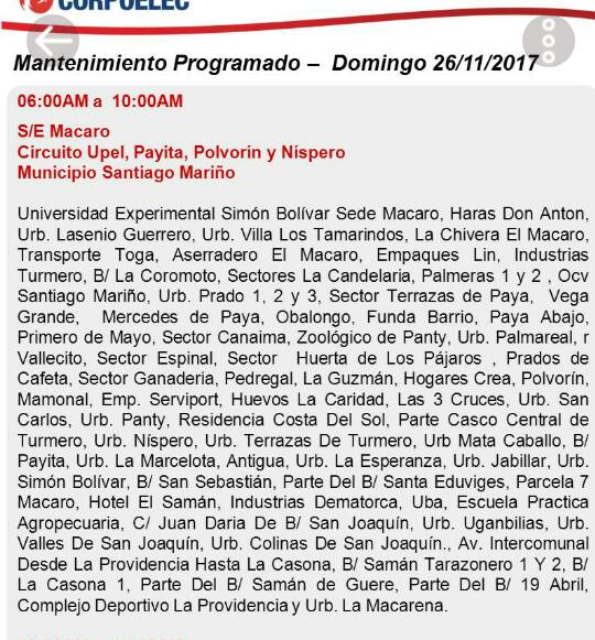 #FelizDomingo   <a href="/CorpoelecPrensa/">Corpoelec Aragua</a> estará realizando mantenimiento.