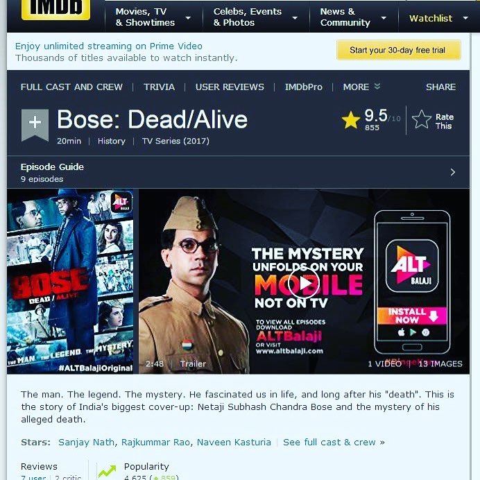 EktaaRKapoor's tweet photo. And #BoseDeadOrAlive is 9.5 on IMDB. https://t.co/bKspQUdkwe