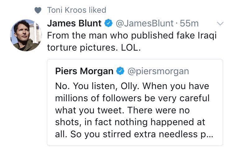 Sporf's tweet photo. 👀 @OllyOfficial tweets about London

🤔 @PiersMorgan replies to @OllyMurs

😳 @JamesBlunt replies to @PiersMorgan

😅 @ToniKroos likes @JamesBlunt’s Tweet

😭 @KoloKoloToure28 out of nowhere 

😂 Twitter at its very best 👏 https://t.co/2Q0u2HdNkj
