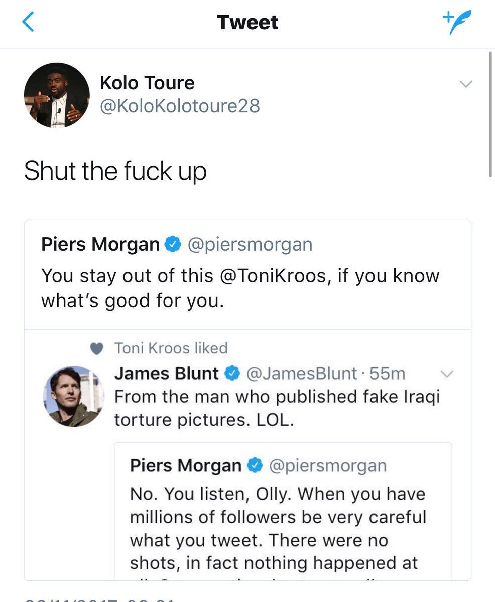 Sporf's tweet photo. 👀 @OllyOfficial tweets about London

🤔 @PiersMorgan replies to @OllyMurs

😳 @JamesBlunt replies to @PiersMorgan

😅 @ToniKroos likes @JamesBlunt’s Tweet

😭 @KoloKoloToure28 out of nowhere 

😂 Twitter at its very best 👏 https://t.co/2Q0u2HdNkj