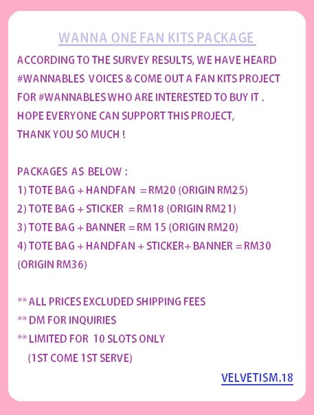 velvetism18's tweet photo. [HELP RT] PO #WANNAONEinKL Fan Kits Project ! Fast Grab ! Limited Slots !
>Hand Fan
>Tote Bag 
>Sticker
>Banner

@KGroupOrderMY @kpop_pers @kmerchsss @OngSeungWooMY @KANGDANIELUSA @24Kfever @bluetism18 @WANNAONE_MY https://t.co/TqupuwuQ5K