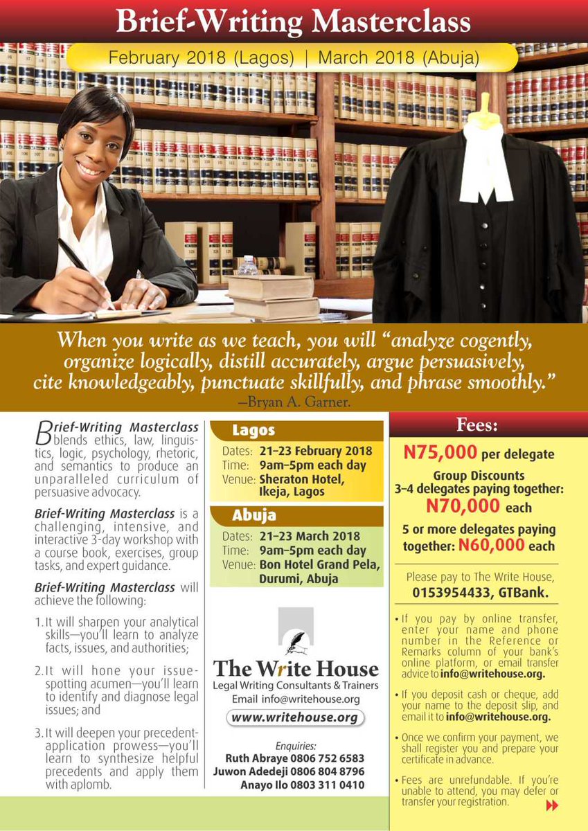 Brief-Writing Masterclass: Feb 2018 (Lagos); March 2018 (Abuja) writehouse.org/brief-writing-…