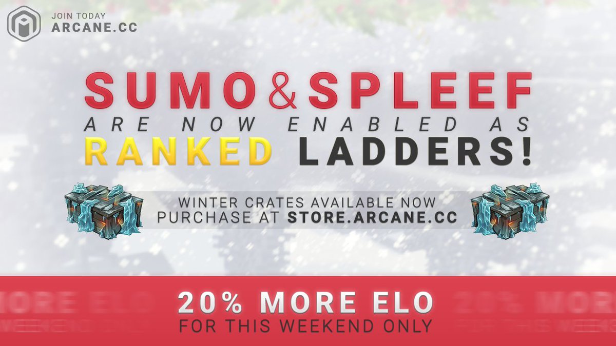ArcaneCC's tweet image. You are now able to queue ranked Sumo and Spleef for this weekend only! ⚔️

You will also win 20% more elo for every ranked fight you win. 🎁

Retweet &amp;amp; Follow for a chance to win One of Three LEGEND ranks! ☔️