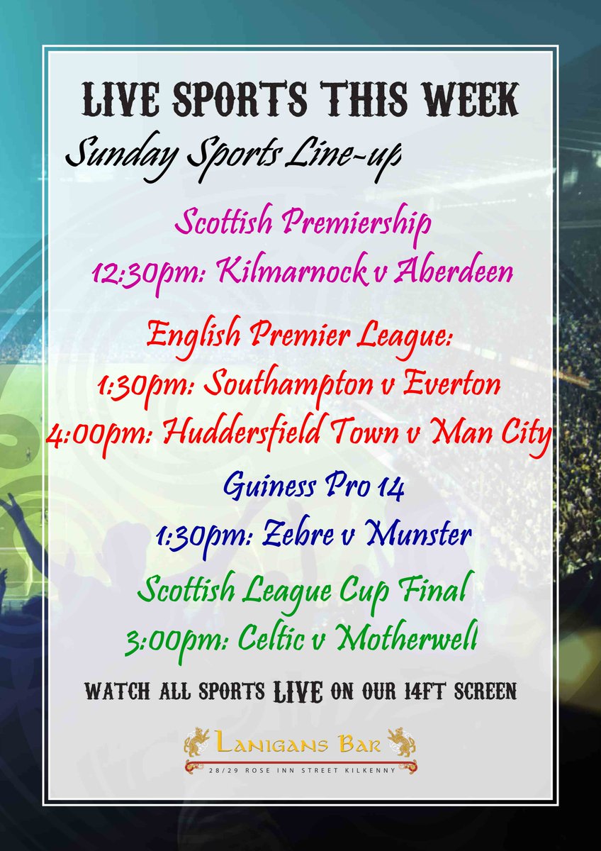 We've got all sorts of games for you to watch live today including the Scottish League Cup final at 3:00pm
@pogmogoal @sportsjoedotie @beat102103 @kilkenny.reporter @kclr96fm @rtesport @kilkennypeople
@irishrugby @leinsterrugby @mrsc16 @connachtrugby @ulsterrugby @kilkennyrugby