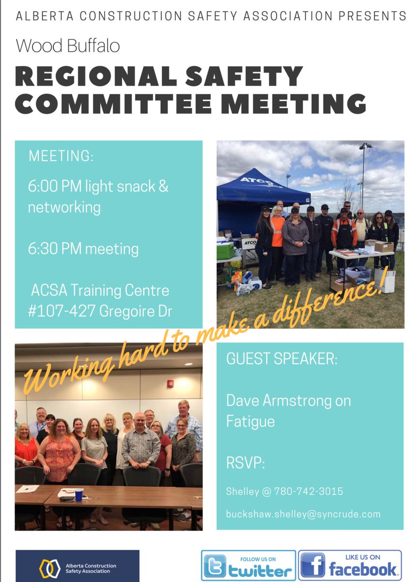 woodbuffaloRSC's tweet photo. Meeting this Wednesday! Hope to see you there!! @OfficialACSA #Safety #healthandsafety https://t.co/DoC6E2AEIi