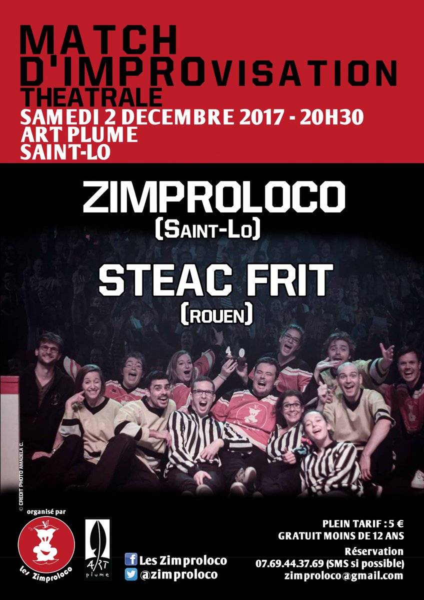 J-6 avant notre match à <a href="/ArtPlume2/">ArtPlume</a> avec l'équipe <a href="/SteacFrit/">SteacFrit</a> de Rouen ! 
Réservations au 07.69.44.37.69
Ou par mail: zimproloco@gmail.com