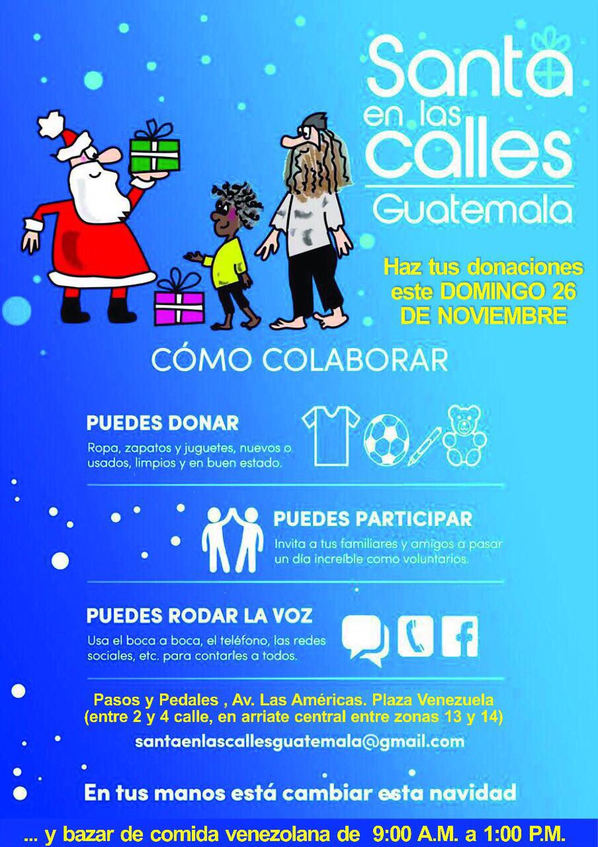 veneguate's tweet photo. Hola amigos!
Ya el movimiento #SantaenlasCalles está activado! 
Recurrimos a tu buen corazón para ayudar a los más necesitados a que tengan una mejor navidad.
Hoy estaremos desde las 9:00 am en la Plaza Bolívar Av. Las Américas recibiendo todo tipo de donaciones.
Te esperamos https://t.co/n2nDUc8sjH