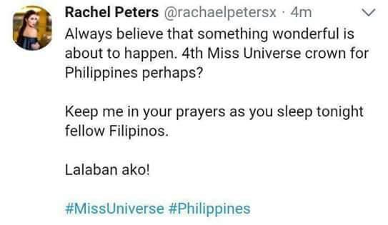 iamtatus's tweet photo. Praying for and along with Rachel Peters.  For the win!!!! #MissUniverse #Philippines https://t.co/i3m30WDs9T