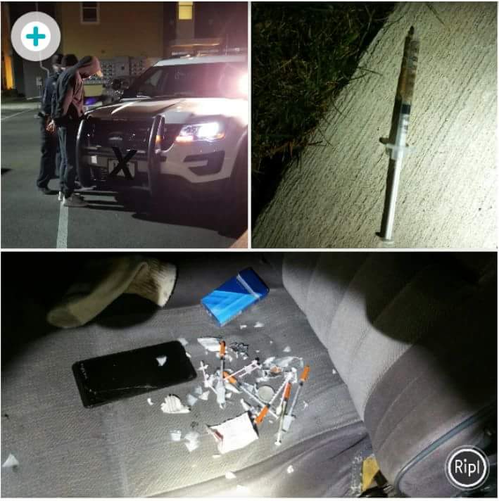 We approached a suspicious vehicle tonight and found this young man to be in possession of a needle and a razor blade. He was pulled out and detained. After a brief search, 5 more needles were found with 2 of them containing heroin. Let's clean up our streets, Toledo!