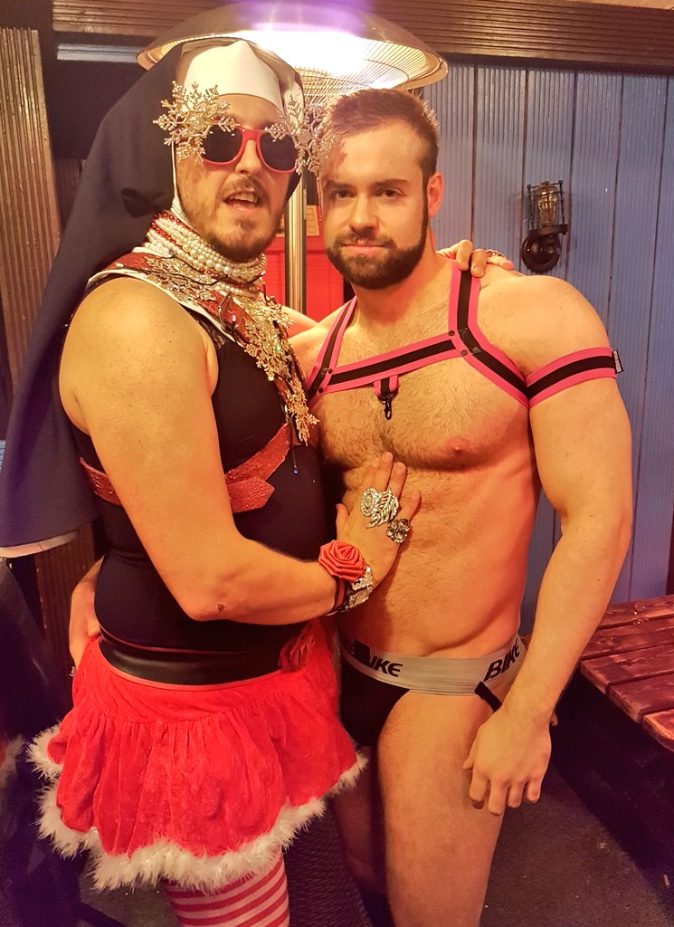 SisterJacqui's tweet photo. It was #Fantabulosa to vada (see) the dowry (very) dolly (handsome) @Riley_Zack1 #Hot #GayHunk #ChunkyMuscleButt #Gogoboy @troughlondon #XXXMasParty @FireVauxhall last nochy (night)! She was such a good sport to promote the @doitldn #SaferSexPack dears! https://t.co/EcjGT36UE1
