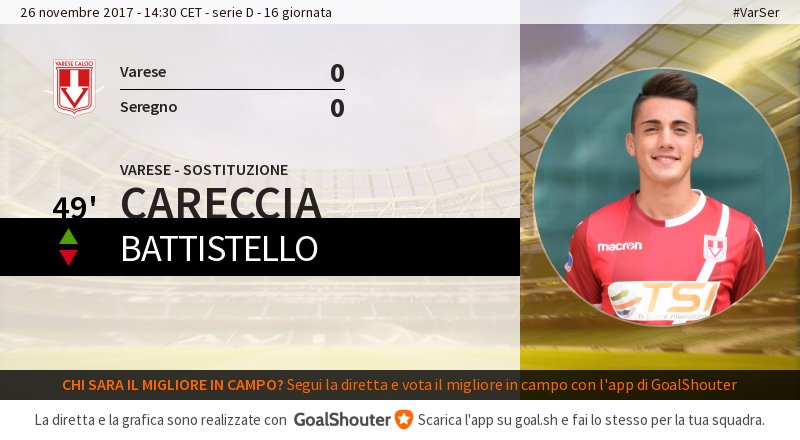 VareseC's tweet photo. 49' #VarSer 0-0: @VareseC effettua un cambio. Entra #CARECCIA21 al posto di #Battistello. https://t.co/r63U1rtbFG https://t.co/ZLwZSl4sws