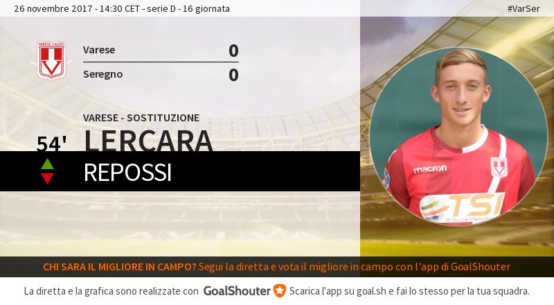 VareseC's tweet photo. 54' #VarSer 0-0: @VareseC effettua un cambio. Entra #LERCARA al posto di #REPOSSI. https://t.co/r63U1rtbFG https://t.co/Uq5J3XXVdS