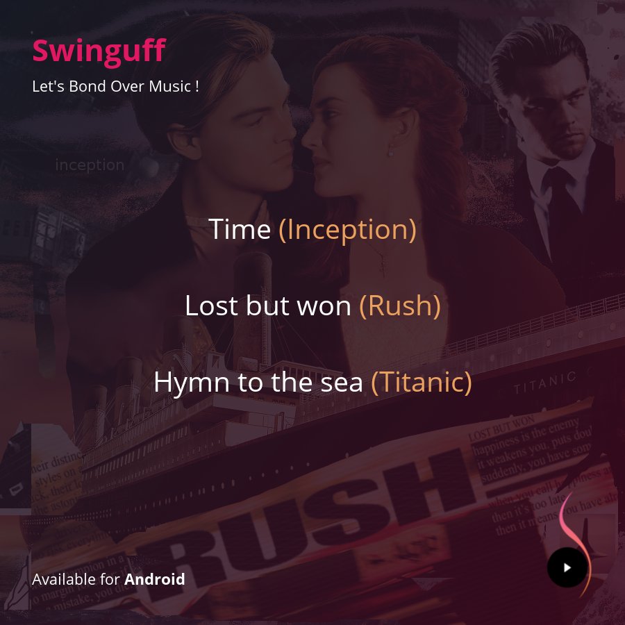 swinguff's tweet photo. Download Swinguff- https://t.co/H81ePfbOpN
Some background scores stands out and stuck a chord with audience's hearts ❤️
Time (Inception)
https://t.co/CN06fDAgME
Lost but won (Rush)
https://t.co/khIqWZc3eK
Hymn to the sea (titanic)
https://t.co/EPGnLFSiZm
#swinguff #music https://t.co/kYESbMRf4O