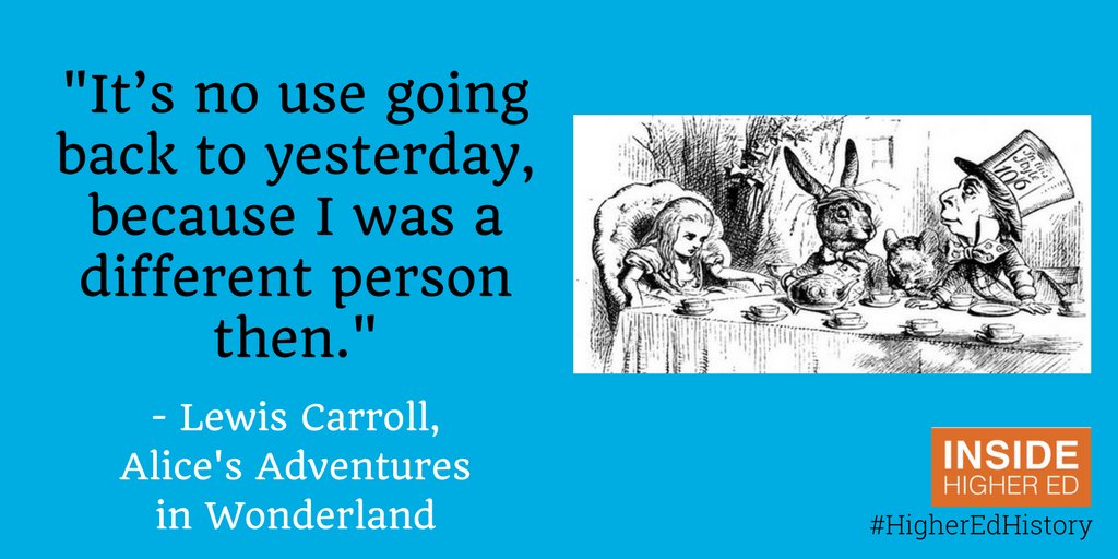 insidehighered's tweet photo. #HigherEdHistory: On 11.26.1862, @ChCh_Oxford mathematician Charles Lutwidge Dodgson (aka Lewis Carroll) sent 10 yr old Alice Liddell a handwritten manuscript, "Aliceโs Adventures Under Ground to". Carroll published the book 3 years later, at his own expense. https://t.co/aa0SVhjOgP