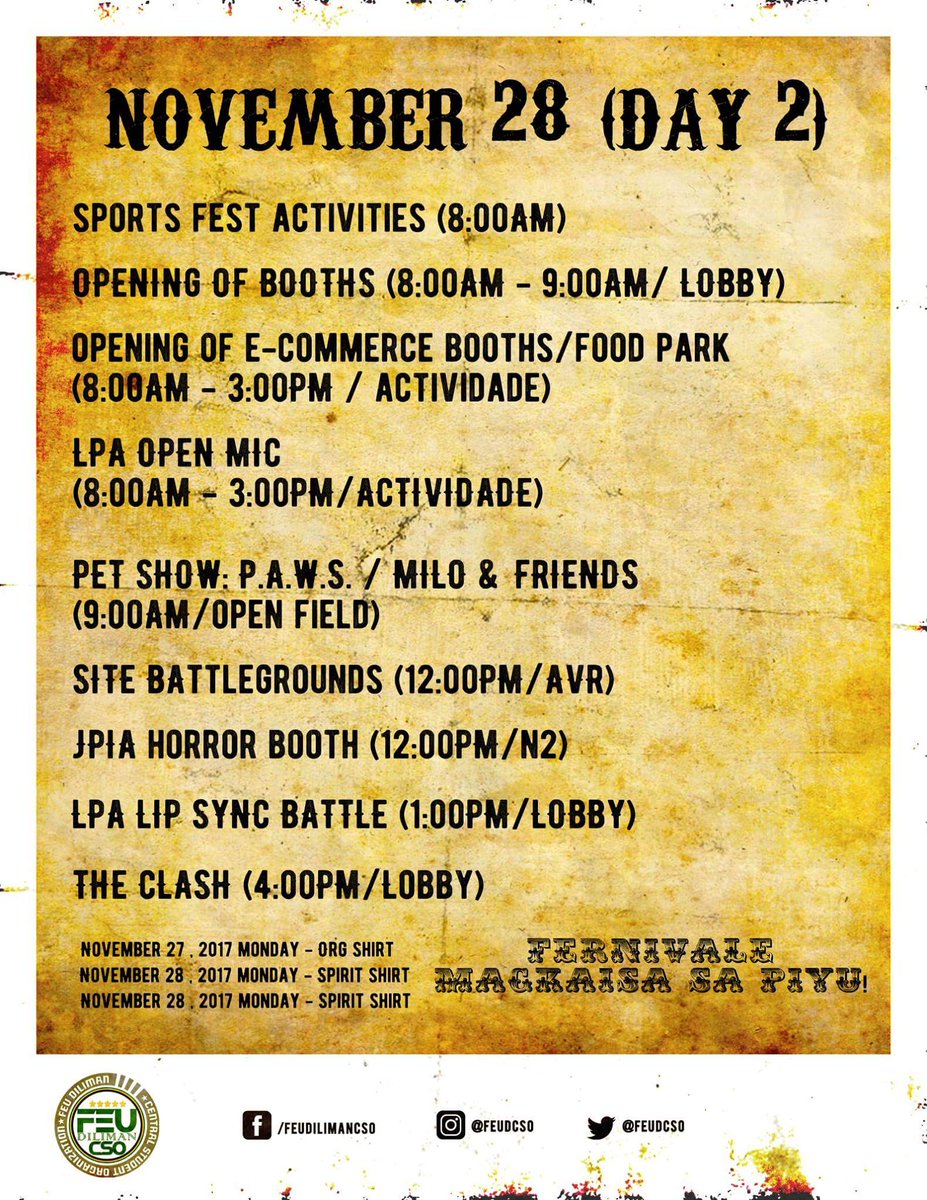 site_feu's tweet photo. Here are the schedules for the Org Fair 3-day event.

#OrgFair2017
#MagkaisaSaPiyu || © @feudcso https://t.co/pXQR1LmPt9