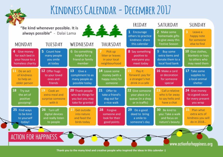 Helen Bevan (@helenbevan) on Twitter photo What a lovely version of an advent calendar: an act of kindness to undertake every day in December. Thanks <a href="/actionhappiness/">Action for Happiness</a> @MiekeHaverkort What a lovely version of an advent calendar: an act of kindness to undertake every day in December. Thanks <a href="/actionhappiness/">Action for Happiness</a> @MiekeHaverkort