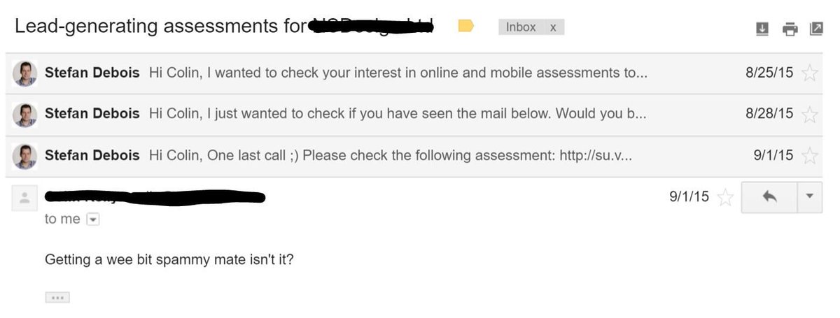 sde77's tweet photo. Cold emails: it is a good sign if you get a negative reaction from time to time, otherwise you are not enough 'on the edge'. Cold email campaign goals should be: >50% open rate, >30% response rate, <1% negative reactions (like this one) #dailyscreenshot https://t.co/zRBzHQsUG8