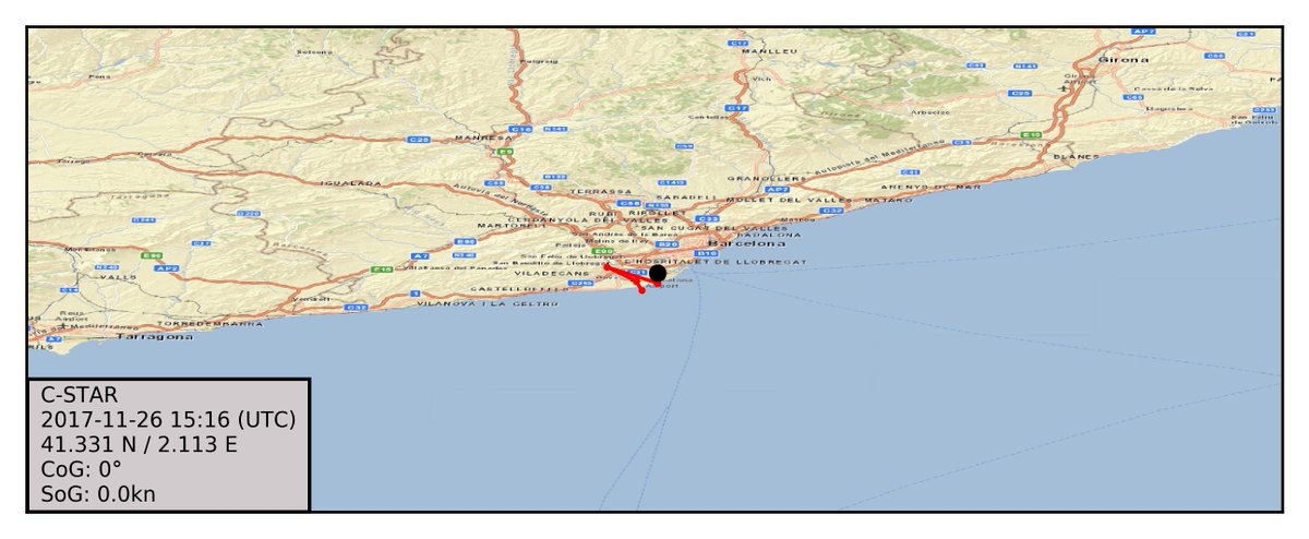 CstarWatch's tweet photo. C-STAR last position indicates it is stopped at 41.331 N / 2.113 E, 6 minutes ago. #cstar https://t.co/LWwrJwduH4