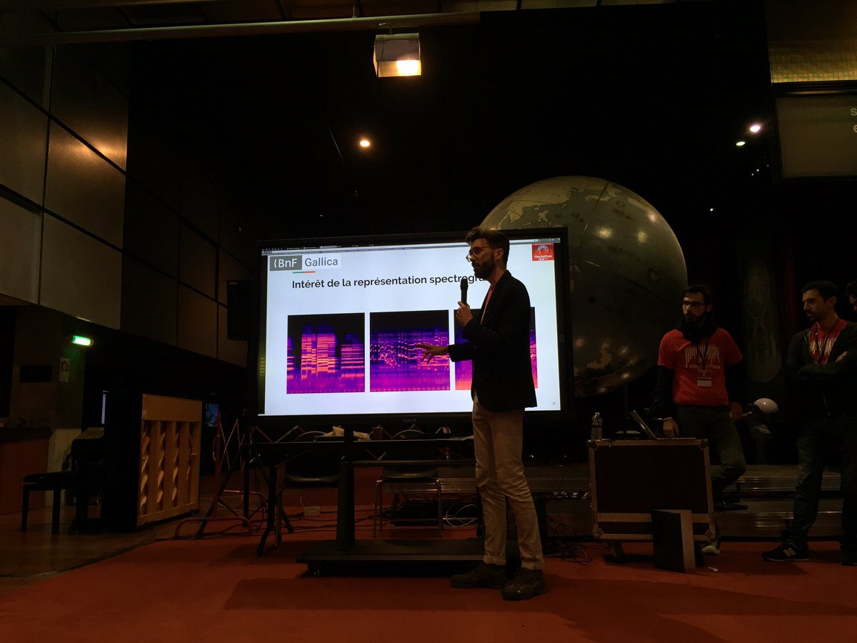 #HackathonBnF quand la musique prend forme, grâce au spectrogramme, on voit ce qu'une piste audio "a dans le ventre" dixit <a href="/musi_viz/">MusiViz</a> ;)
