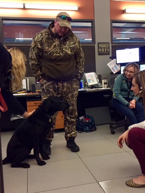 WaukCo911's tweet photo. WCC staff got some sweet Canine Therapy at the @WaukCo911 dispatch center today, Thx to @911gbell and Chance the dog! #WCC #WCC911 #K9Therapy #dispatchdog #newmascot? #huntingdog #duckblind #camoindispatch #kenaisNOThere https://t.co/hSj0VwMeS8