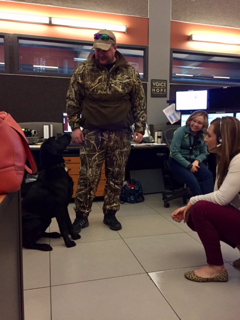 WaukCo911's tweet photo. WCC staff got some sweet Canine Therapy at the @WaukCo911 dispatch center today, Thx to @911gbell and Chance the dog! #WCC #WCC911 #K9Therapy #dispatchdog #newmascot? #huntingdog #duckblind #camoindispatch #kenaisNOThere https://t.co/hSj0VwMeS8