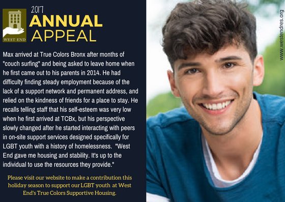 WestEndResNYC's tweet photo. This weekend we’re celebrating gratitude, and your gift changes lives—just ask Max at #TrueColorsBronx. Donate to West End’s #AnnualAppeal today: https://t.co/7IPpus4xCz #GiveThanks  🏳️‍🌈 https://t.co/2KFHJgg96m