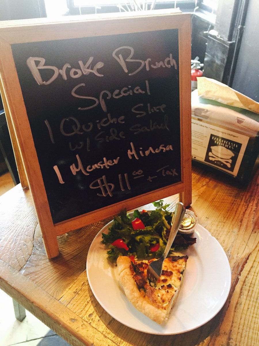 pieshopdc's tweet photo. End your Thanksgiving Weekend w/ us on @HStreetDC & enjoy our "Broke Brunch Special" from now until 5pm! 1 Quiche Slice w/ side salad & a MONSTER Mimosa for just $11! Spinach & Goat Cheese, Crab & Cheddar, & Bacon Onion Gruyere all available! #PieStyle #DC https://t.co/ai7VKvPGCo