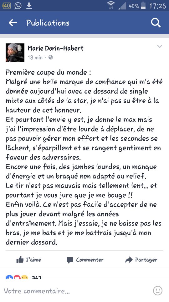 CelineSportive's tweet photo. Réaction à chaud de #MarieDH suite au #singlemixedrelay à #OST17, très dure avec elle même 😑 "Mais j'essaie, je ne baisse pas les bras, je me bats et je me battrais jusqu'à mon dernier dossard."
https://t.co/PhGSMHi83e
#biathlon @BiathlonFanFr_ https://t.co/zNbkXgr7qT