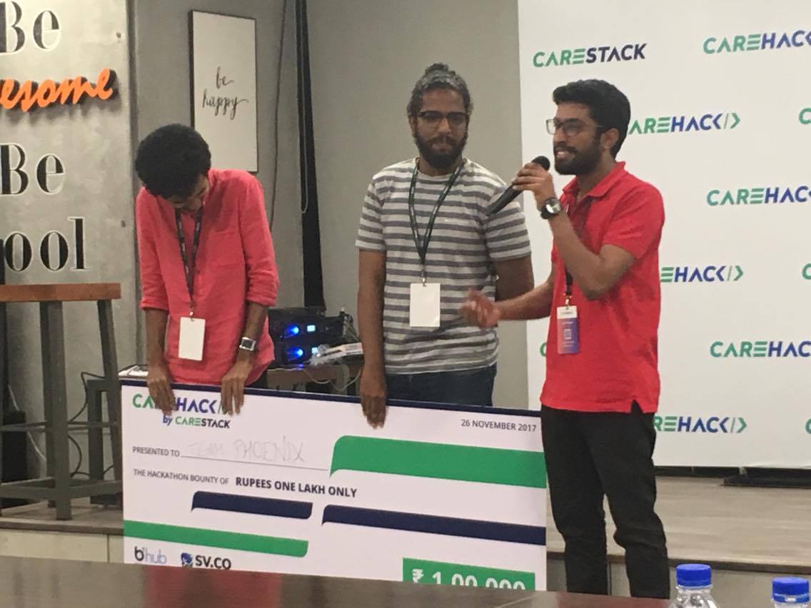 robin_a_p's tweet photo. This team won the โน100K price money @ #CareHack #hackathon by @GoodMethods @mytechnopark, Trivandrum. They built a #blockchain based #EMR solution that makes sharing of #health records easy & transparent. https://t.co/sIosTHJ3Em